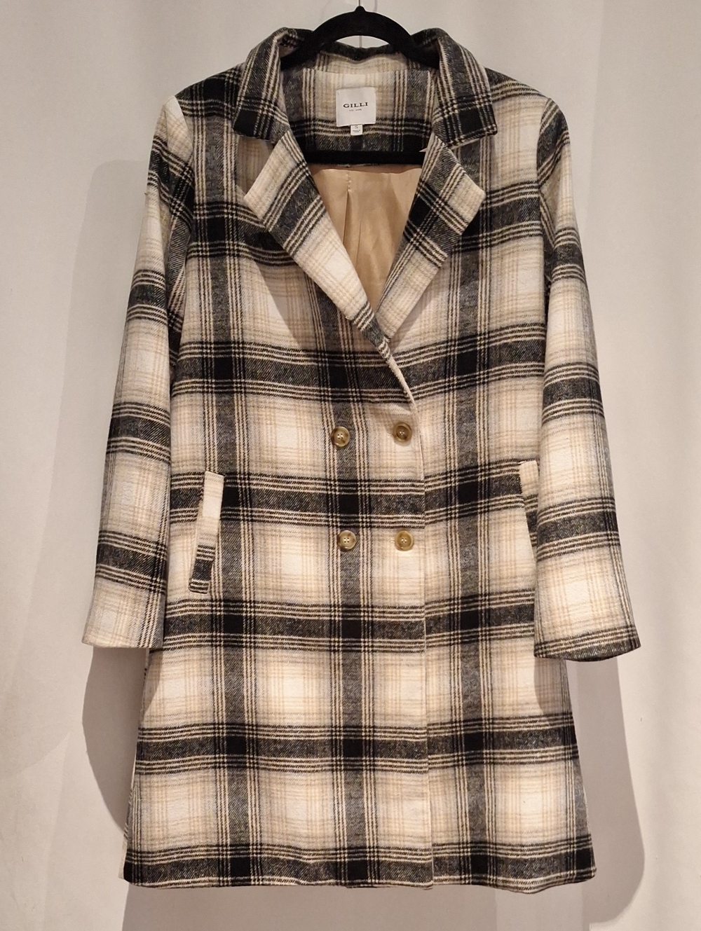Gilli Black and Cream Plaid Double-Breasted Long Pea Coat
